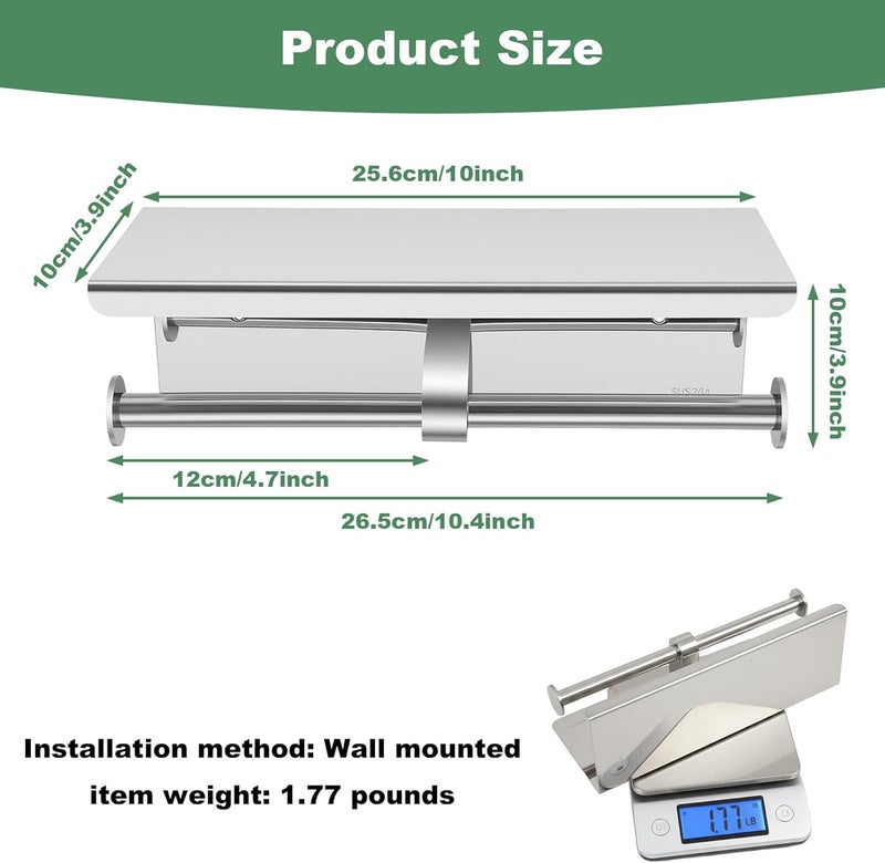 Tobeelec Double Roll Toilet Paper Holder with Shelf, 304 Stainless Steel Wall Mount Tissue Roll Holder for Bathroom, Commercial Toilet Paper Holder Toilet Tissue Dispensers with Phone Shelf (Silver) - Image 2
